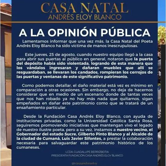 Comunicado de la casa natal de Andres Eloy Blanco en Cumana