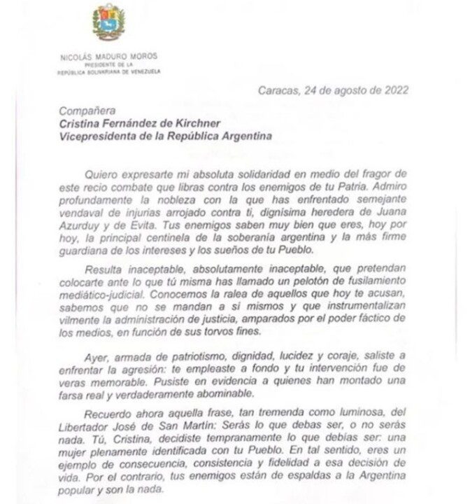 La carta de Nicolas Maduro a Cristina Kirchner