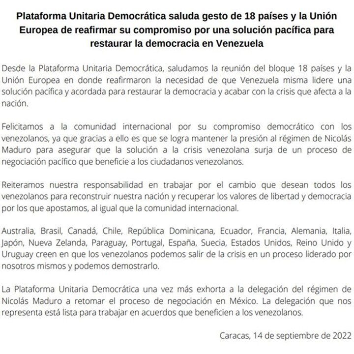 Comunicado Plataforma Unitaria 14 9 2022