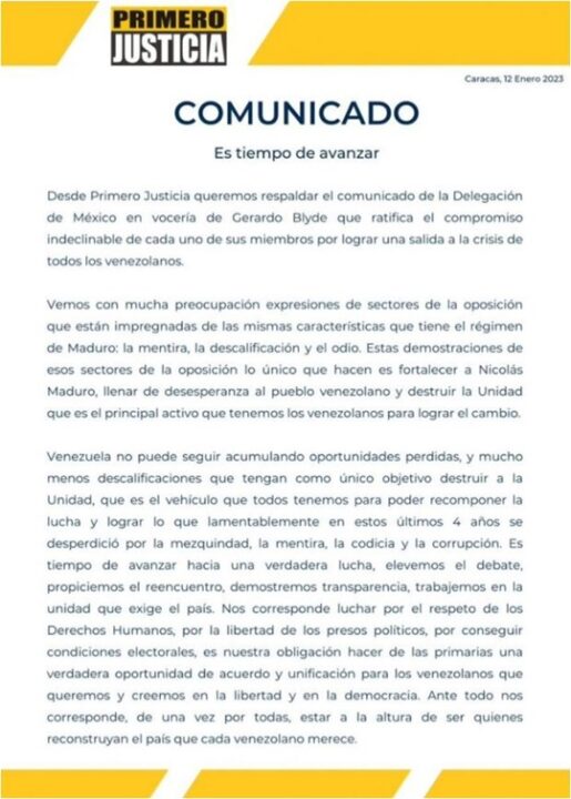Comunicado Primero Justicia 12 1 2023