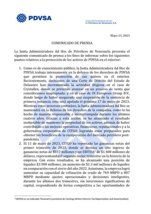 comunicado Pdvsa Adhoc 13 5 2023
