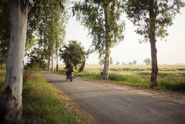 A couple rides on a motorbike, down a small rural road.