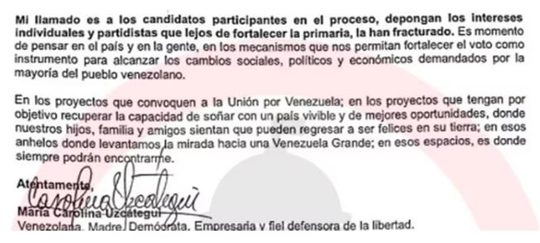 María Carolina Uzcátegui carta 1