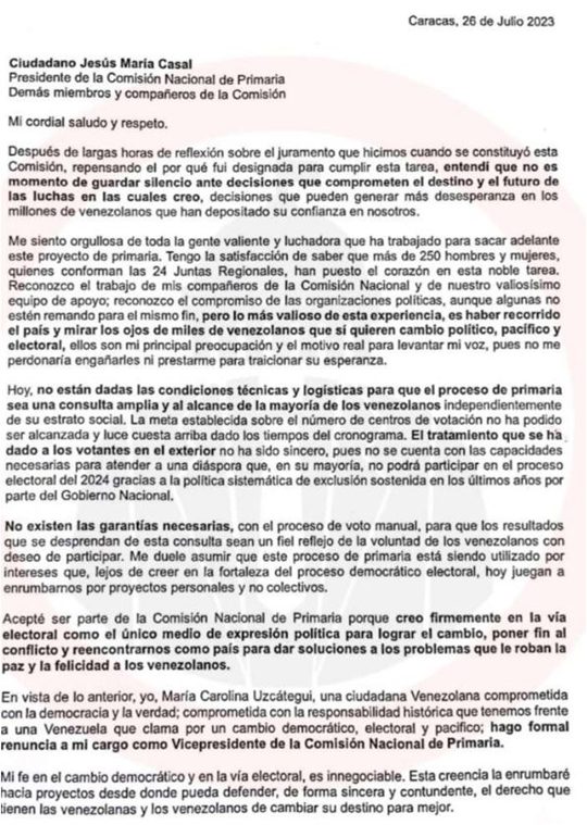 María Carolina Uzcátegui carta