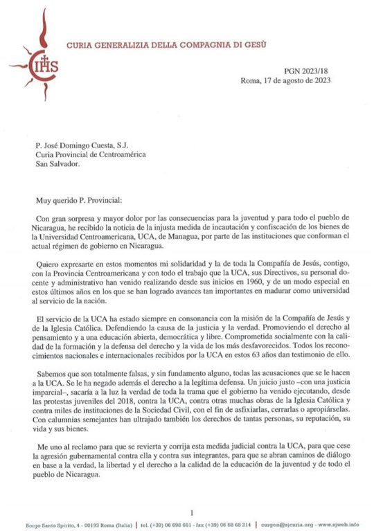 Carta de Arturo Sosa UCA