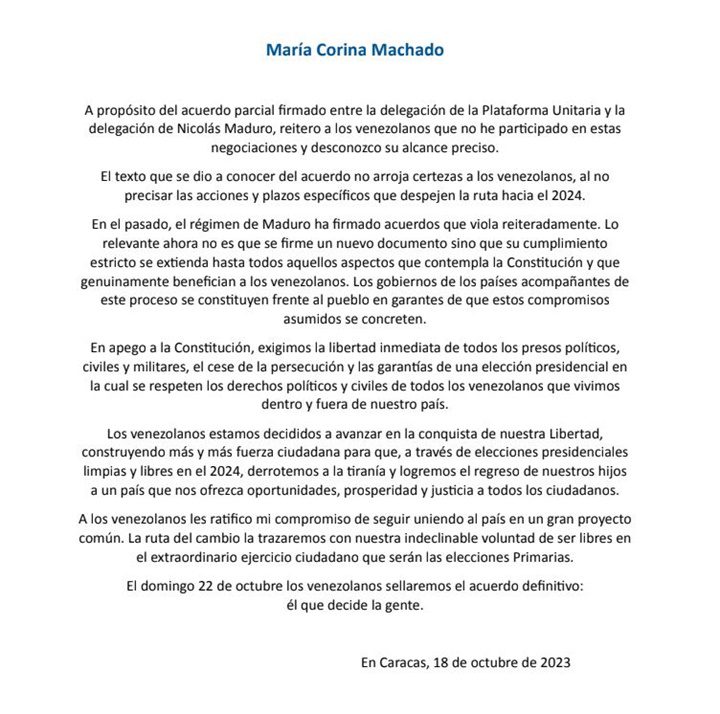 Comunicado María Corina Machado
