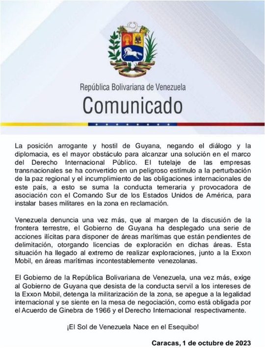 Comunicado Cancillería de Venezuela 1 10 2023 1