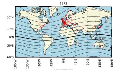 El mapa muestra los lugares desde los que se vieron las auroras boreales al norte del ecuador y las australes al sur, según las crónicas y registros históricos.