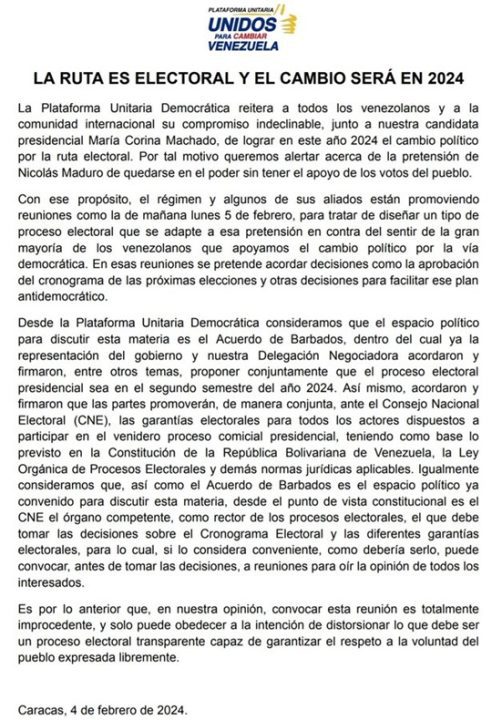 Comunicado de la Plataforma Unitaria 4 2 2024