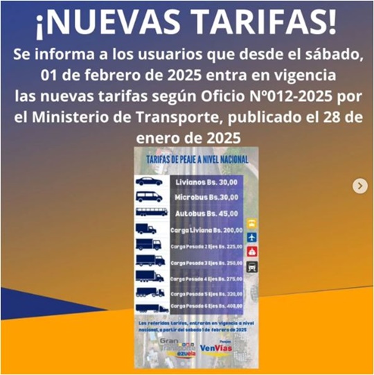 Tarifas peajes 1 2 2025 Venezuela 1