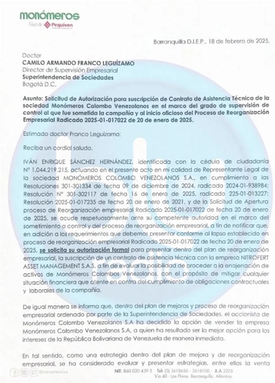 Carta de Monómeros 18 2 2025