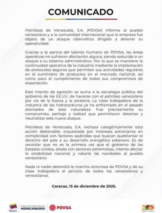 Pdvsa comunicado 15 12 2025